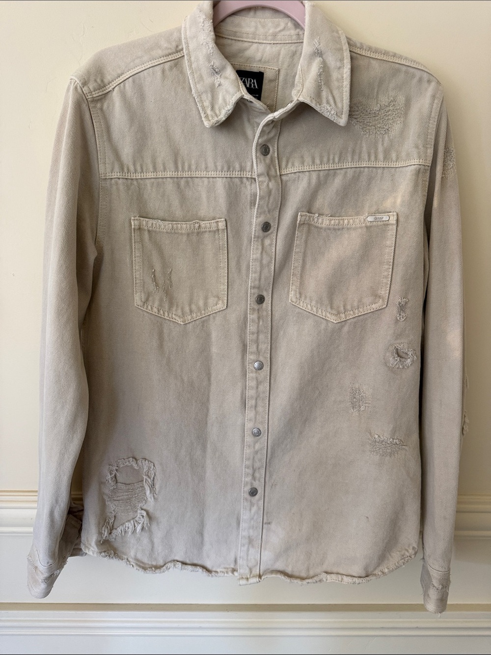 ZARA Men’s Khaki Denim Shacket Shirt Size M Frayed Festivals Hipster Streetwear